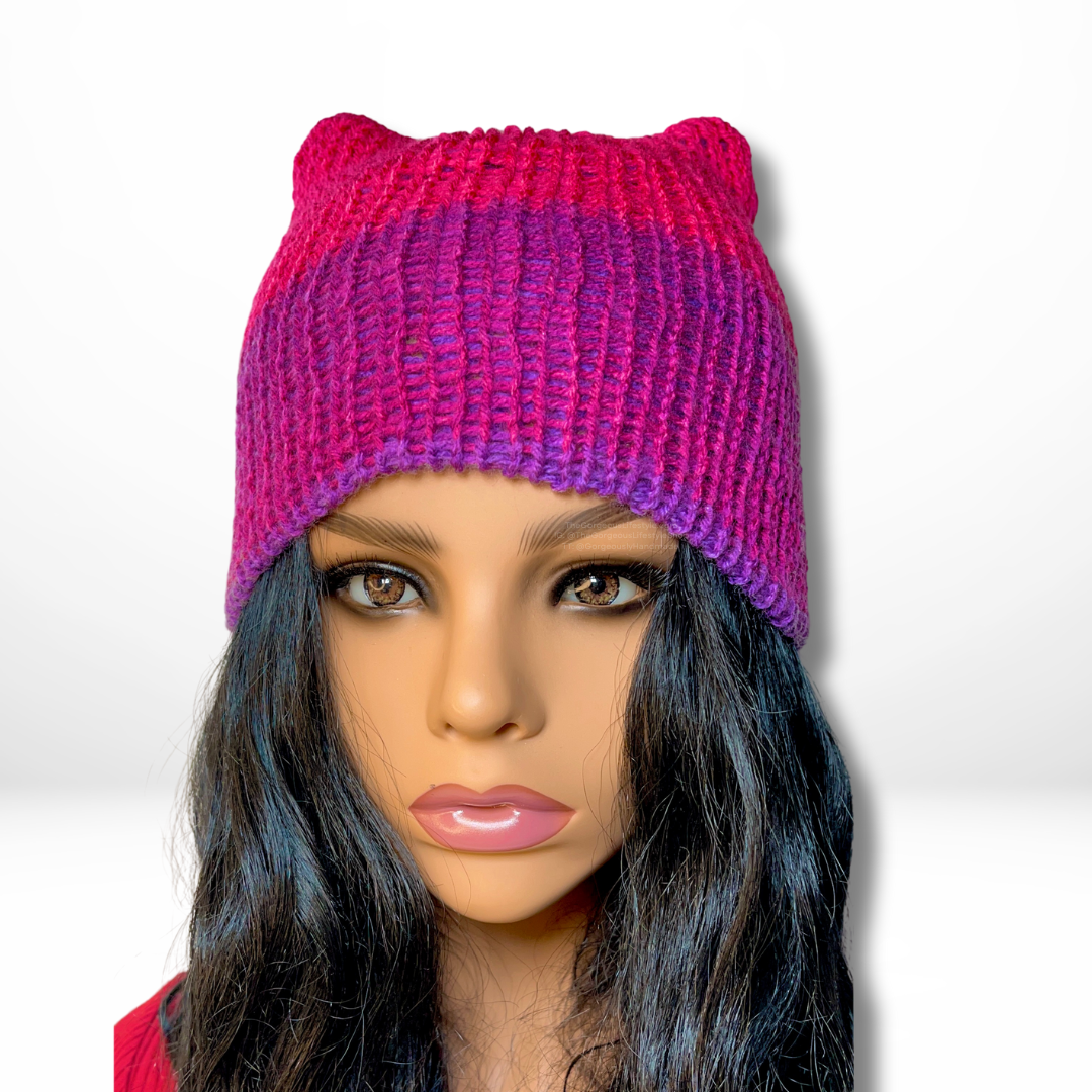Pink and purple ombré double layered knit beanie