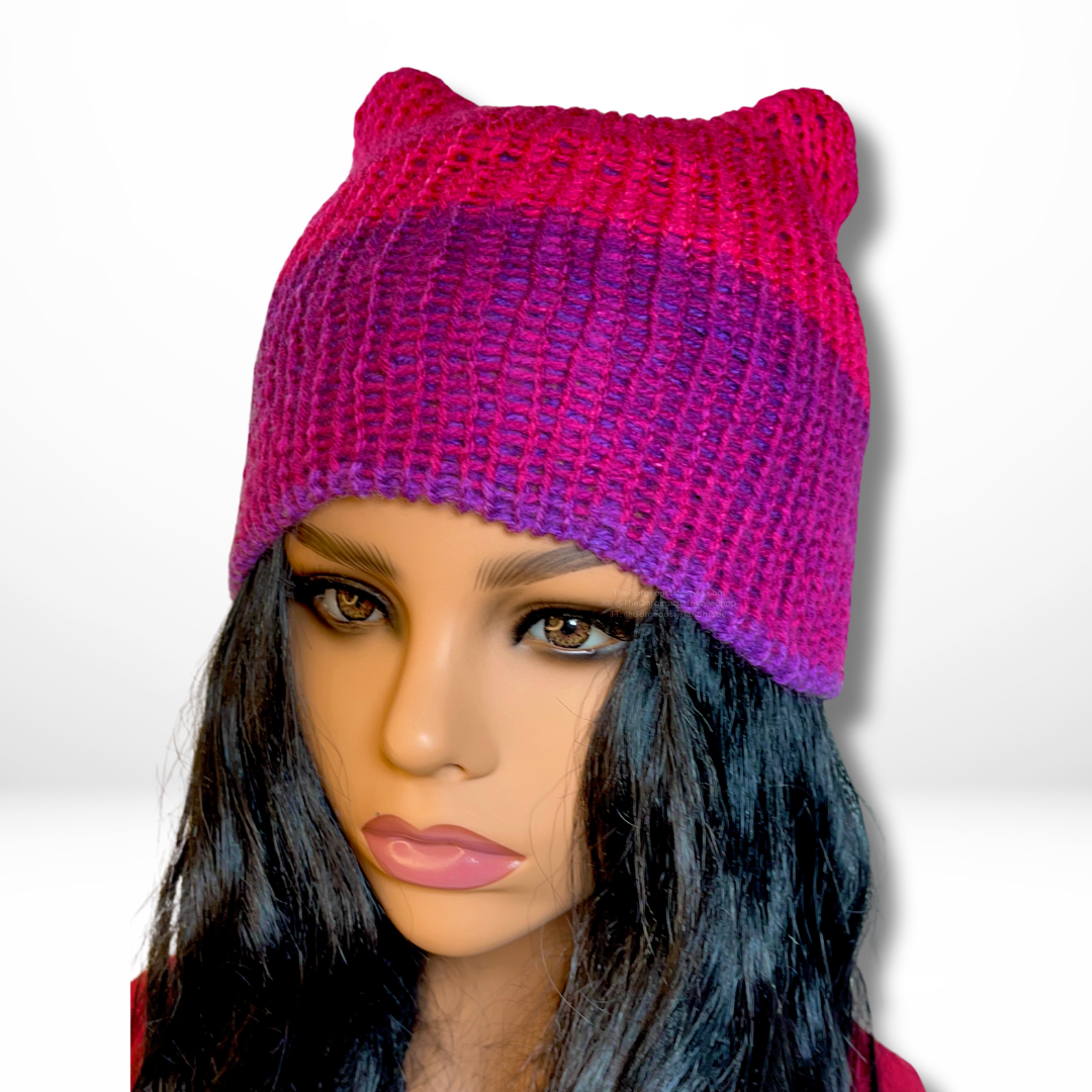 Pink and purple ombré double layered knit beanie