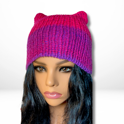 Pink and purple ombré double layered knit beanie