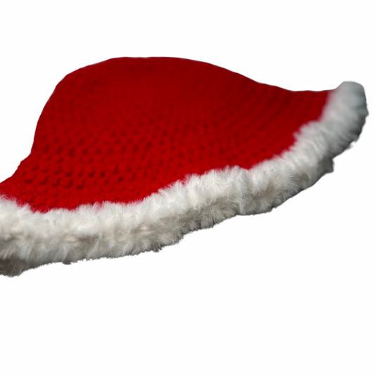Crimson white faux fur brimmed bucket hat