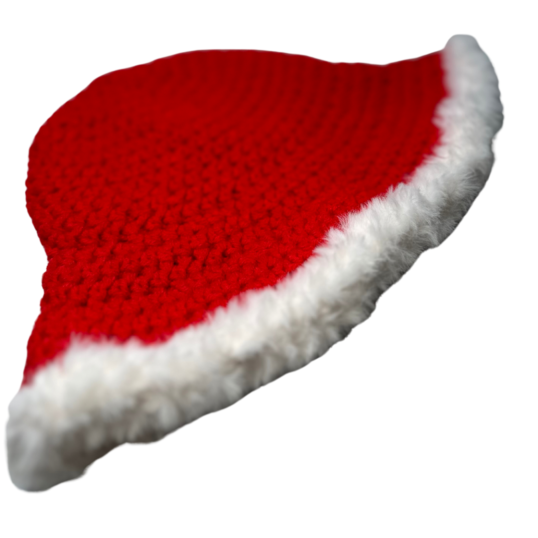Crimson white faux fur brimmed bucket hat