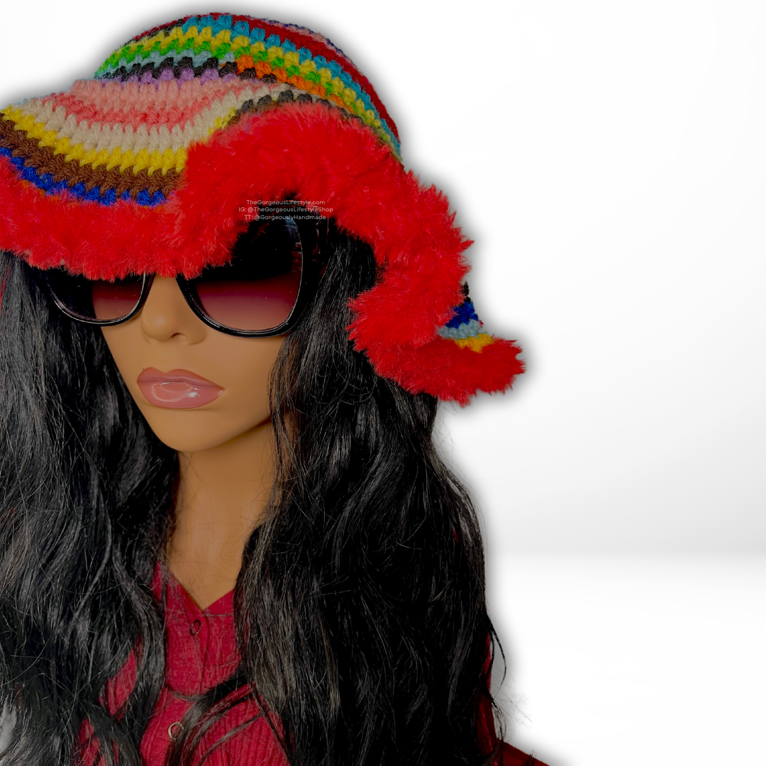 Bold rainbow red faux fur brimmed bucket hat