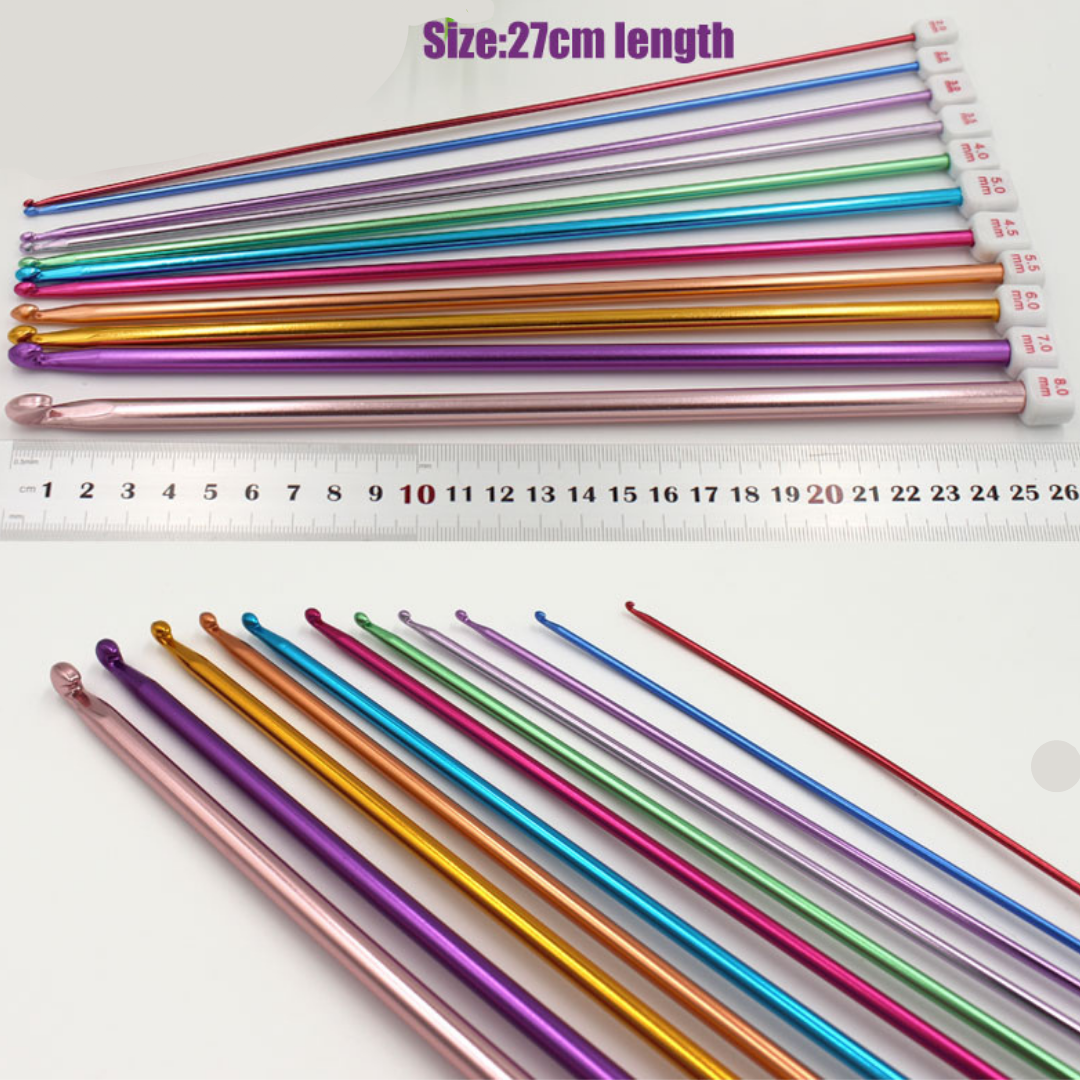 11Pcs Mix Multi-color Aluminum Tunisian/Afghan Crochet Hook Knit Needles