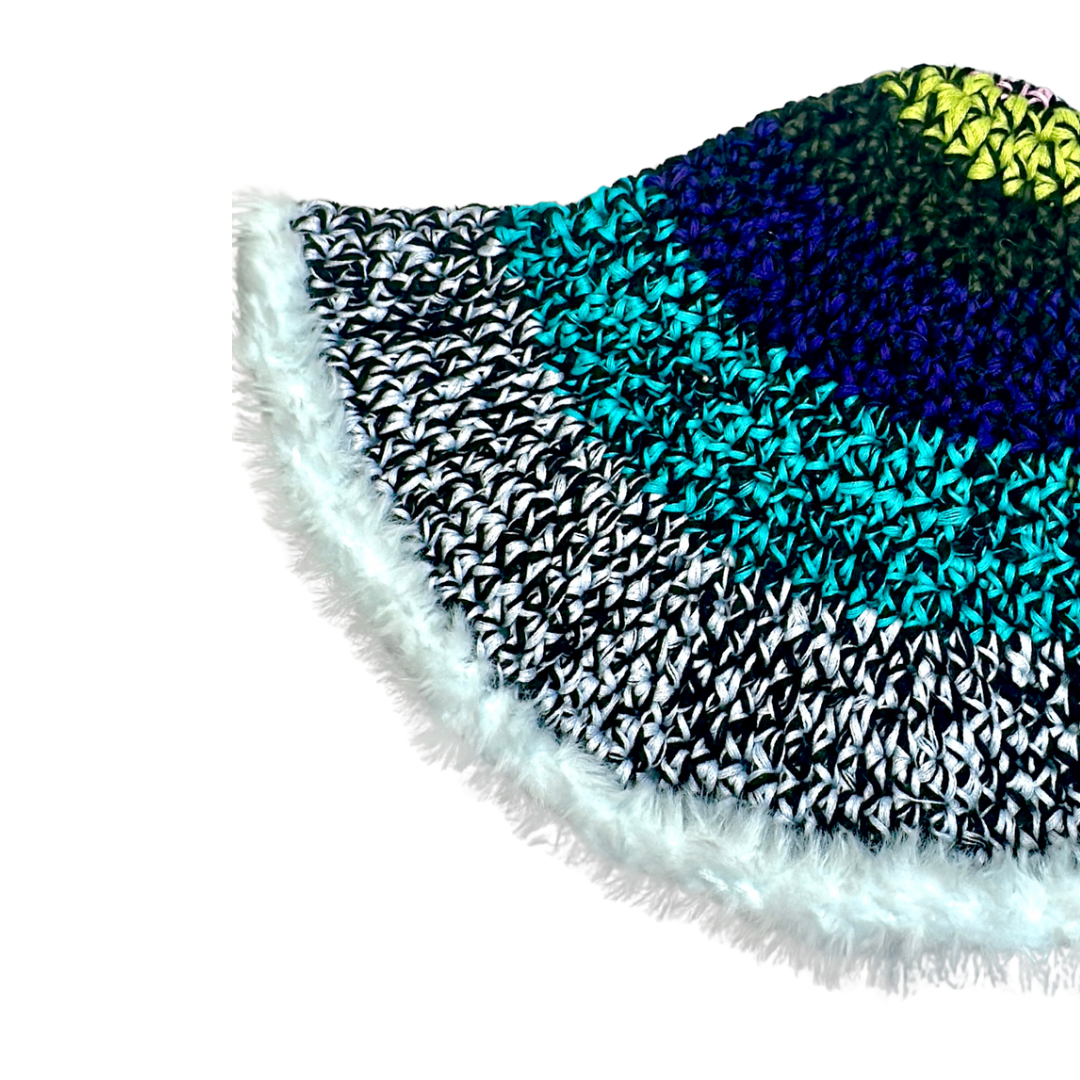 100% cotton lightweight colorful floppy bucket hat brimmed with a light baby blue faux fur