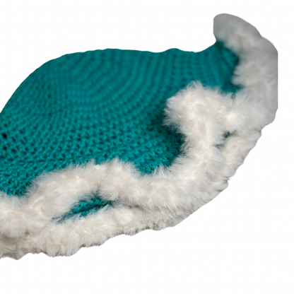Lightweight 100% cotton floppy turquoise bucket hat brimmed with white faux fur