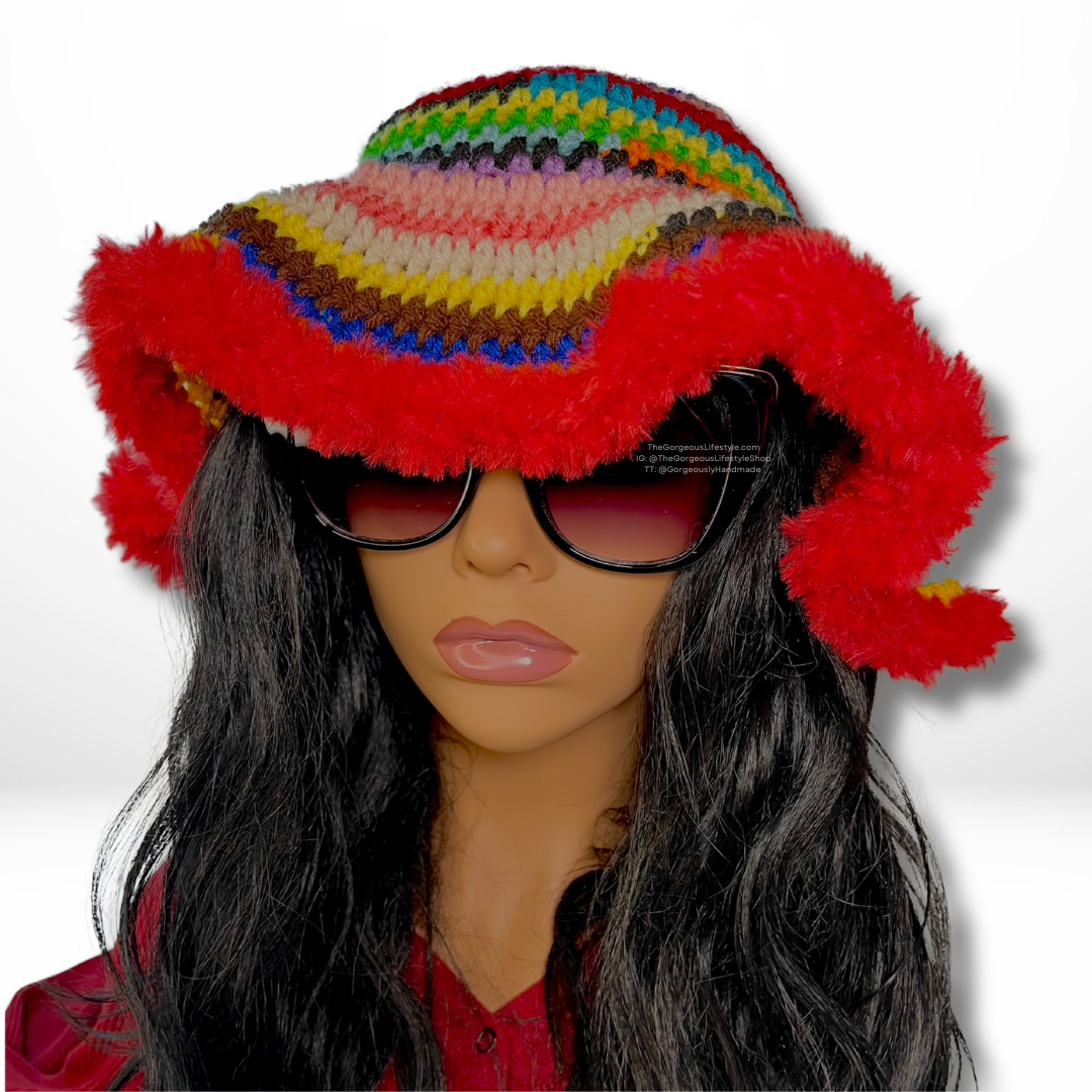 Bold rainbow red faux fur brimmed bucket hat